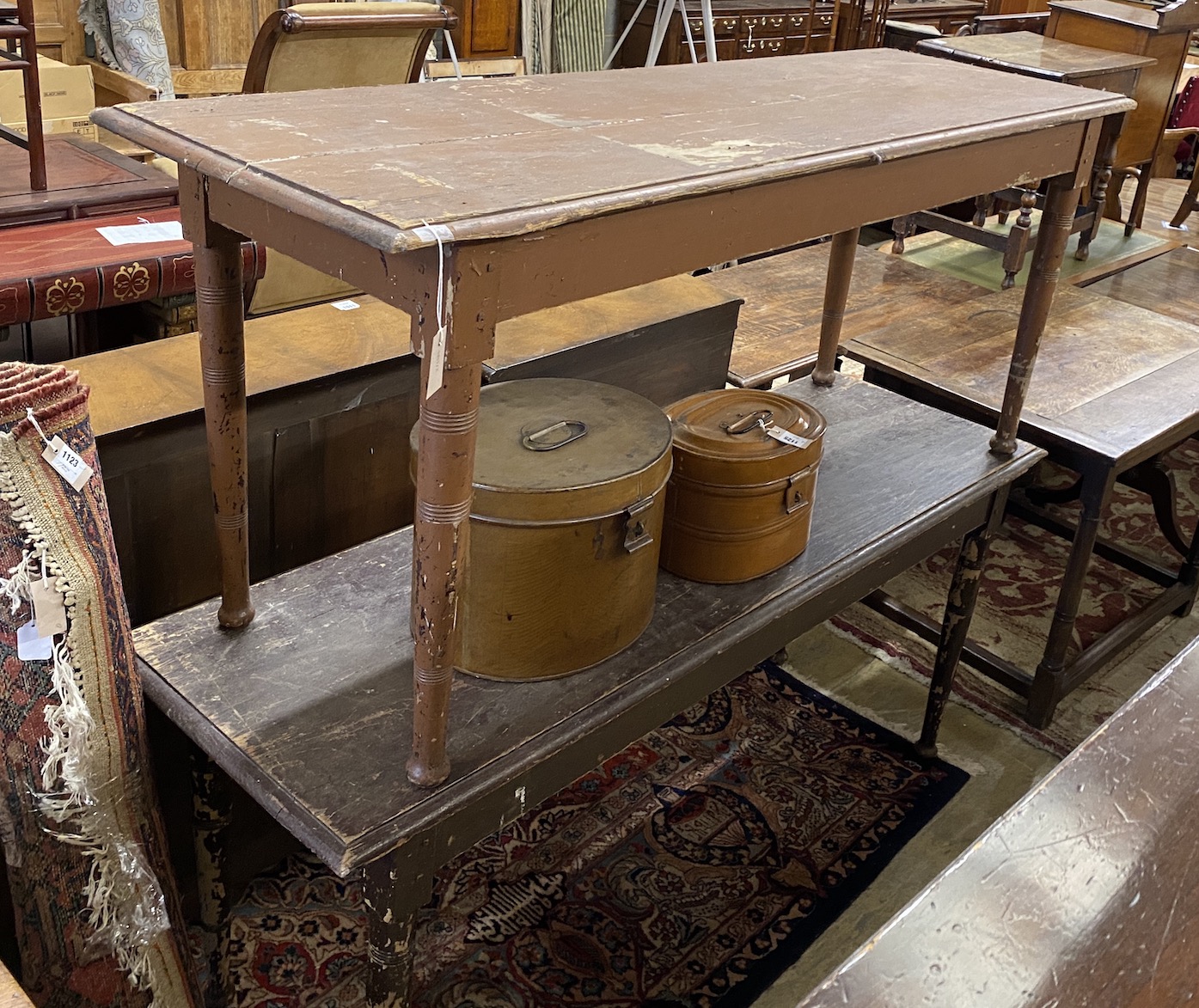 A pair of 19th century French rectangular painted pine serving tables, length 180cm, width 57cm, height 76cm